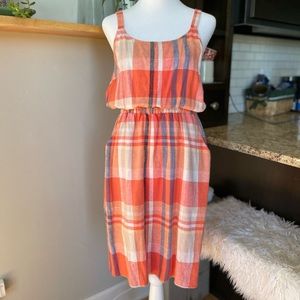 Old Navy Orange Blue White Madras Plaid Linen Blend Midi Dress Size Small